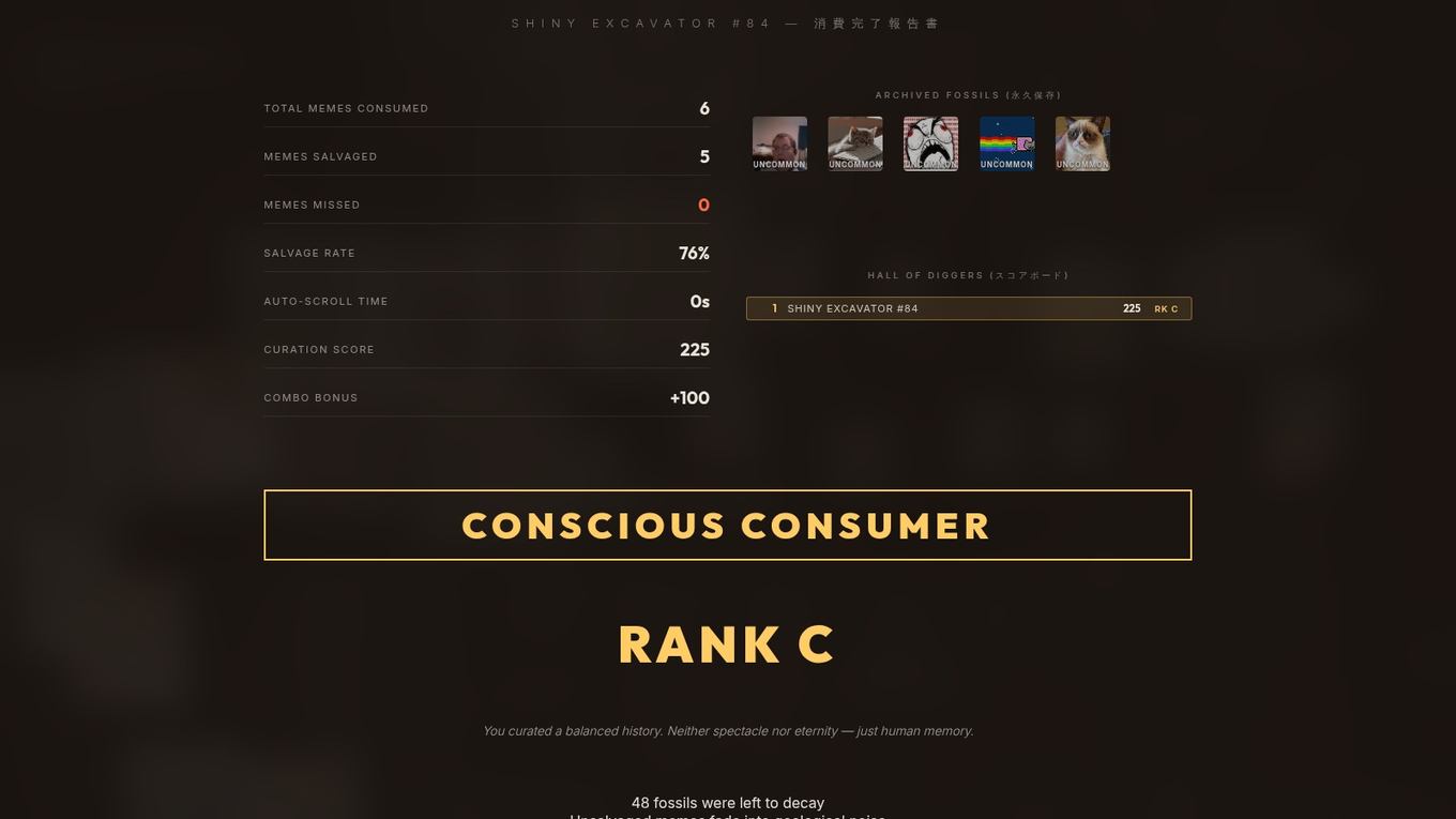 Consumption report — five fossils archived, forty-eight left to decay